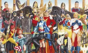 Un grupo diverso de superhéroes, incluyendo a Superman y Shazam, posan juntos. Representan la fuerza y la unidad de la sociedad de la justicia.