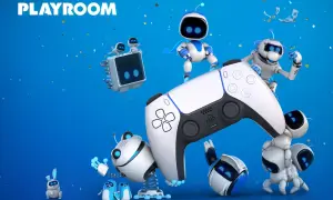 Astro y sus amigos celebran con confeti, rodeando un control de PS5. ¡Una imagen divertida para tus juegos gratis PS5!