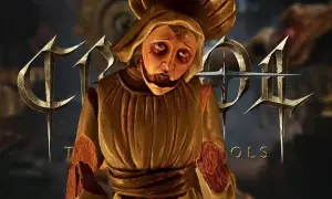 Una figura de marioneta con rostro macabro y vestimenta dorada, rodeada por el logo de "CRISOL THEATER OF IDOLS" con espadas ensangrentadas.