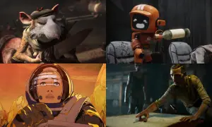 Un ratón con cuchillo, un robot sirviendo vino, una astronauta y un hombre enigmático. Escenas de **amor, muerte y robots**.