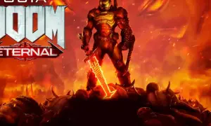 La **guía Doom Eternal** muestra al Slayer con su espada de energía sobre un montón de demonios, con un ojo infernal al fondo.