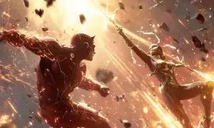 Daredevil y una guerrera dorada en pleno combate, chispas y escombros vuelan. ¿Quién ganará en Marvel Rivals tier list?