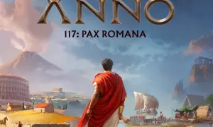 Un hombre con toga mira un paisaje que evoca el anno 117 pax romana, con un coliseo, un volcán y un asentamiento costero.