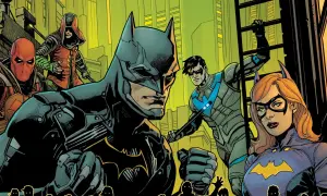 Batman, Nightwing, Batgirl, Red Hood y Robin se preparan para la acción en esta viñeta de Gotham Knights comic.