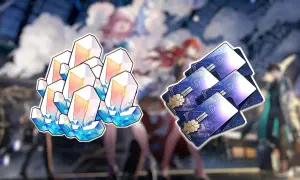 Cristales brillantes y tarjetas con diseños cósmicos, elementos clave para canjear códigos Honkai Star Rail y potenciar tu aventura.