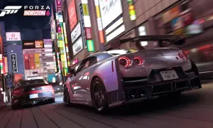Dos coches deportivos compiten en una calle nocturna de Japón, con luces de neón y el logo de Forza Horizon 6. ¡Prepárate para los próximos juegos de Game Pass!