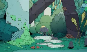 Un robot y un perro observan cómo los carroñeros reinan en un paisaje exuberante y rocoso.