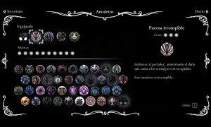 Inventario de amuletos de Grimm Hollow Knight. Se muestra el amuleto "Fuerza irrompible" equipado, que aumenta el daño del aguijón.