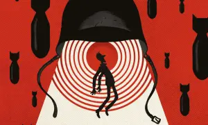 Silueta de hombre bajo casco militar, rodeado de bombas. Una imagen impactante que evoca las mejores novelas gráficas de guerra.