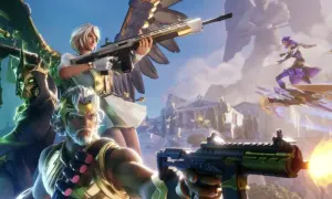 Personajes listos para la acción en la **fortnite nueva temporada**. Un guerrero dorado, una mujer con alas y un ser sombrío se preparan para el combate.