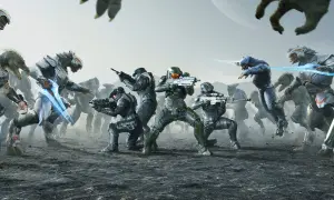 Soldados de Halo en combate contra alienígenas, con un planeta al fondo.