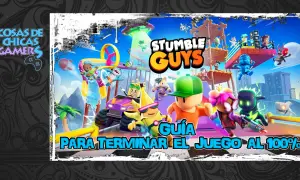 Personajes de Stumble Guys compiten en una carrera de obstáculos con el logo del juego y texto "Guía para terminar el juego al 100%".