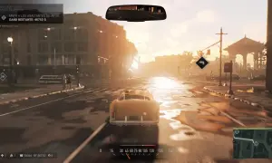 Conduciendo un coche clásico en una calle mojada, con el sol del atardecer iluminando la ciudad. El objetivo actual en Mafia 3 es eliminar a los asaltantes de Artie.