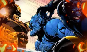 Wolverine y la bestia X-Men se enfrentan en una batalla épica, rodeados de llamas.