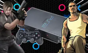 Leon S. Kennedy y CJ de GTA San Andreas junto a una PlayStation 2, evocando los mejores juegos PS2.