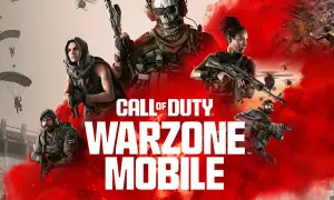 Soldados listos para la acción en Warzone Mobile. Helicópteros y paracaidistas en un fondo de humo rojo.