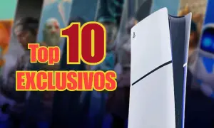 Top 10 juegos exclusivos PS5. La consola PS5 junto a imágenes de personajes de videojuegos icónicos.