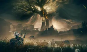 Un caballero a caballo avanza por un campo de tumbas hacia un castillo imponente bajo un árbol gigante. Una escena épica de juegos de rol pc.