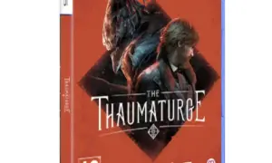El juego "The Thaumaturge" muestra a un hombre con un traje oscuro y una criatura sombría detrás de él, con un fondo rojo vibrante.