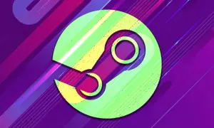 El logo de Steam en colores vibrantes sobre un fondo morado con líneas diagonales. ¡Ideal para encontrar juegos gratis en Steam!