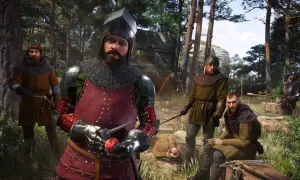 Hombres con armadura medieval en un bosque. Uno sostiene una manzana, quizás un consejo para tu **kingdom come deliverance 2 guia**.