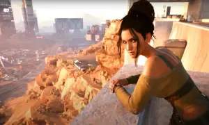 Panam Palmer, una mercenaria con un estilo panam cyberpunk, observa un paisaje desértico con rascacielos al atardecer.