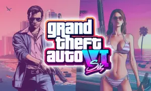 El arte promocional de GTA 6 muestra a un hombre con gafas de sol y una mujer en bikini, ambos armados, con un paisaje de ciudad y playa de fondo.