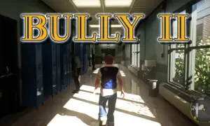 El pasillo de una escuela con casilleros azules y el título "BULLY II". Un estudiante camina hacia la cámara.