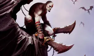 Kratos, el dios de la guerra, se agazapa con sus espadas del caos. Criaturas aladas vuelan en el cielo.