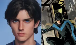 Retrato de Dick Grayson con ojos azules intensos y una imagen de él como Nightwing en acción.