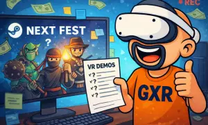 Un entusiasta de la RV con gafas y una lista de "VR DEMOS" celebra el Steam Next Fest. Personajes de juegos en pantalla.