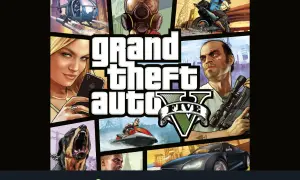 Portada de GTA V con personajes y vehículos. Descubre trucos GTA 5 PC para dominar Los Santos.