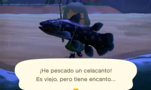 Un jugador de Animal Crossing: New Horizons pesca un celacanto, un pez antiguo y fascinante.