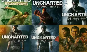Collage de portadas de la saga Uncharted, mostrando a Nathan Drake en diversas aventuras.