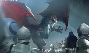 Un dragón furioso se cierne sobre caballeros armados, una escena épica de Lost Ark.