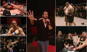 Lucha intensa en un torneo salvaje. Peleadores en el ring, un presentador y la ovación del público.