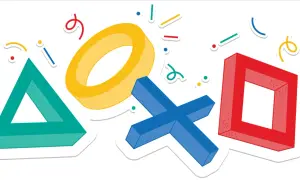 Los icónicos símbolos de PlayStation (triángulo, círculo, cruz y cuadrado) celebran un "playstation wrapped" con confeti y líneas de colores.