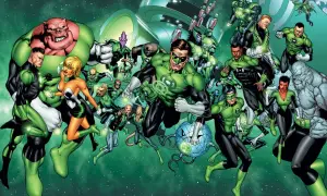 Un grupo diverso de Linternas Verdes de DC, liderados por Hal Jordan, se preparan para la batalla en el espacio.