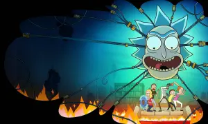 Rick y Morty temporada 8: La familia Smith se enfrenta a un Rick gigante en llamas, listo para una nueva aventura interdimensional.