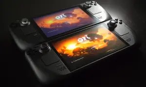 Dos Steam Deck 2 listos para jugar "Ori and the Will of the Wisps" con un atardecer vibrante.