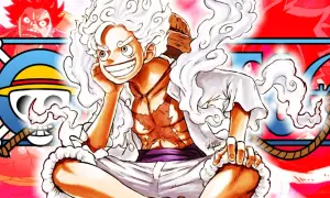 Luffy en su forma Gear 5, con cabello blanco y sonrisa radiante, rodeado de símbolos de One Piece. Muestra sus increíbles transformaciones.