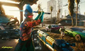 Un personaje con cresta azul y tatuajes florales empuña una katana, listo para la acción en este **guía Cyberpunk 2077**. Otros luchadores y coches futuristas completan la escena.