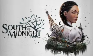 El título "South of Midnight" junto a una mujer con trenzas, un cocodrilo, esqueletos y una iglesia sombría.