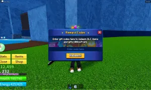 Ventana de códigos de Blox Fruits para canjear ítems y regalos.
