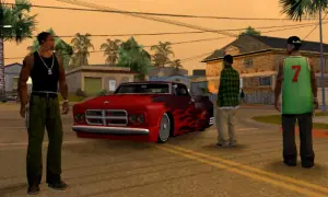 CJ y sus amigos planean cómo usar trucos de GTA San Andreas PS2 para conseguir ese coche rojo con llamas.