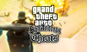 El logo de Grand Theft Auto San Andreas Cheats sobre una explosión y un personaje. ¡Descubre los trucos de GTA San Andreas en Switch!