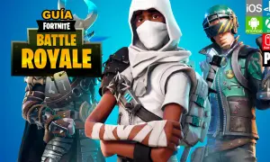 Guía de Fortnite Battle Royale con trucos para dominar el juego. Personajes con atuendos únicos y logos de plataformas disponibles.
