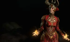 Hechicera con cuernos y armadura roja, conjurando fuego. Un libro antiguo flota cerca. build hechicero diablo 4.