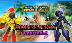 Charcadet evolucion: dos Pokémon armados, uno amarillo y otro morado, flanquean a su forma base.