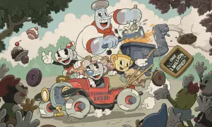 Cuphead y Mugman en su coche de reparto, ¡listos para más juegos cooperativos PS5! Un chef gigante prepara dulces mientras un cartel anuncia "Más de 1 millón servidos".